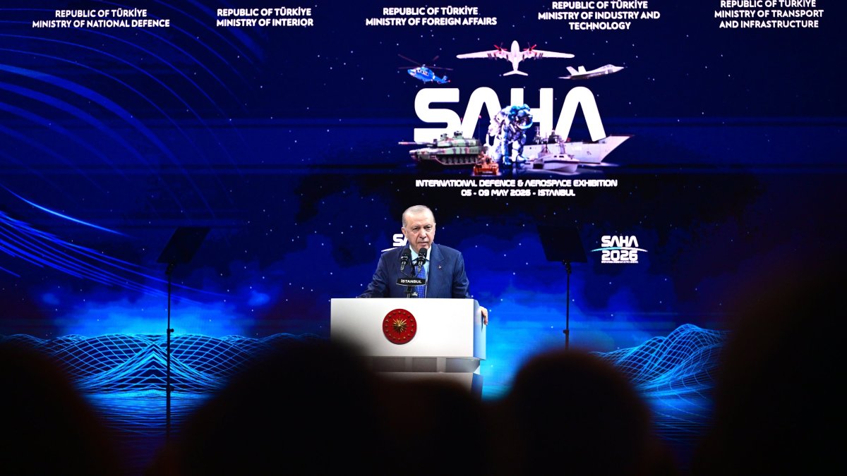 President Recep Tayyip Erdoğan speaks at the SAHA 2026 defense fair, Istanbul, Türkiye, May 8, 2026. (AA Photo)