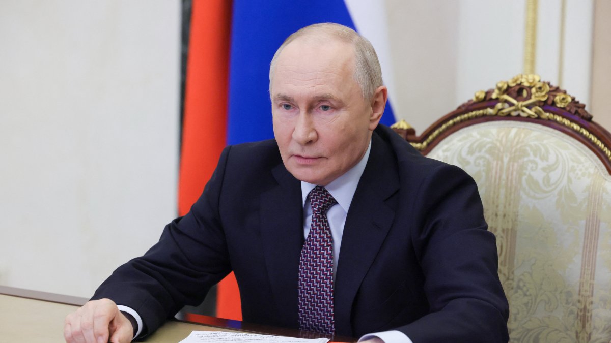 Russian President Vladimir Putin chairs a meeting with members of the Security Council via a video link at the Kremlin in Moscow, Russia May 8, 2026. (Sputnik/Mikhail Metzel/Pool via Reuters)