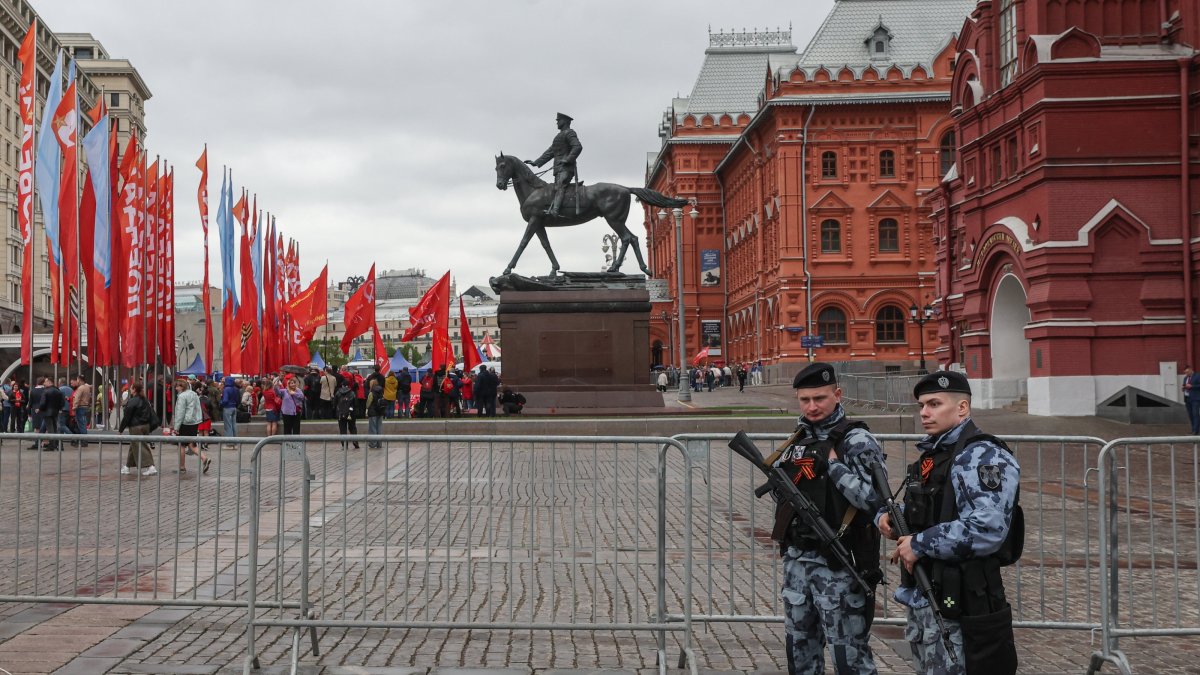 Police officers stand guard in front of Red Square in Moscow, Russia, May 8, 2026. (EPA Photo)