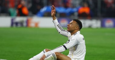 Real Madrid's Kylian Mbappe reacts during the UEFA Champions League quarterfinal second leg match against Bayern Munich at Allianz Arena, Munich, Germany, April 15, 2026. (Reuters Photo)