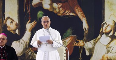 Pope Leo XIV speaks during a meeting with people from socially disadvantaged backgrounds, including the sick, the elderly, and people with disabilities near the Shrine of the Virgin of the Rosary of Pompei, Pompei,  Italy, May 8, 2026. (Reuters Photo)