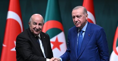President Recep Tayyip Erdoğan and Algerian President Abdelmadjid Tebboune shake hands following talks in Ankara, Türkiye, May 7, 2026. (AA Photo)