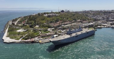An aerial drone view shows the TCG Anadolu docked at Sarayburnu as part of a public exhibition during the SAHA Expo defense fair, Istanbul, Türkiye, May 7, 2026. (AA Photo)