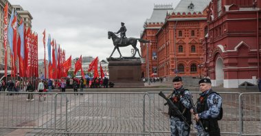Police officers stand guard in front of Red Square in Moscow, Russia, May 8, 2026. (EPA Photo)