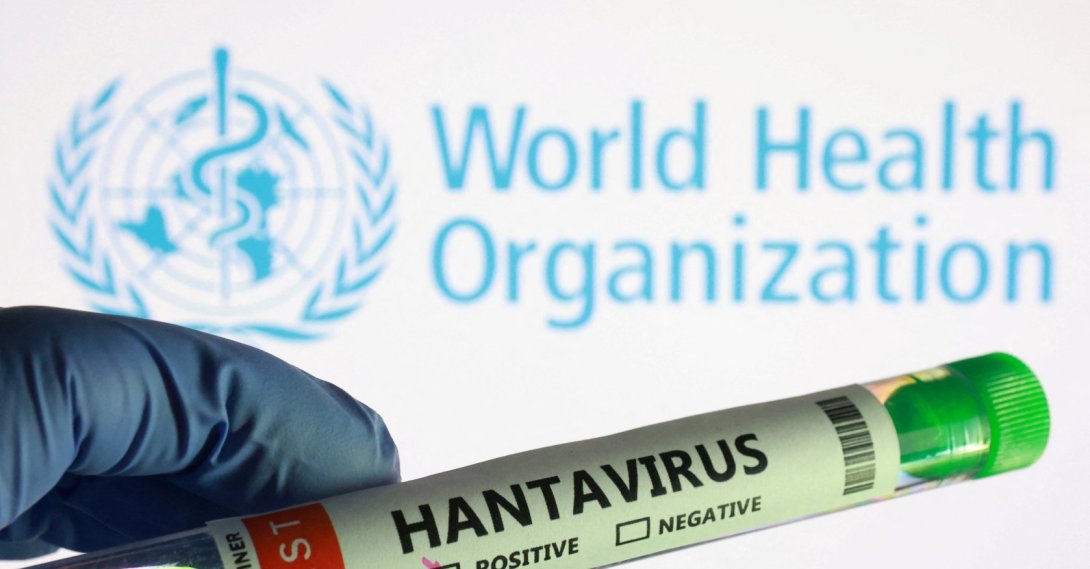 A test tube labelled "Hantavirus positive" label and World Health Organization logo are seen in this illustration, May 7, 2026. (Reuters Photo)