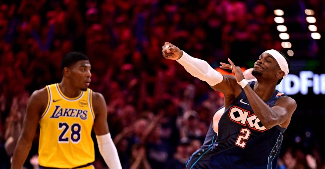 Oklahoma City Thunder's Shai Gilgeous-Alexander (R) reacts during the fourth quarter of a game against the Los Angeles Lakers in Game Two of the Second Round of the NBA Western Conference Playoffs at Paycom Center, Oklahoma City, U.S., May 7, 2026. (AFP Photo)