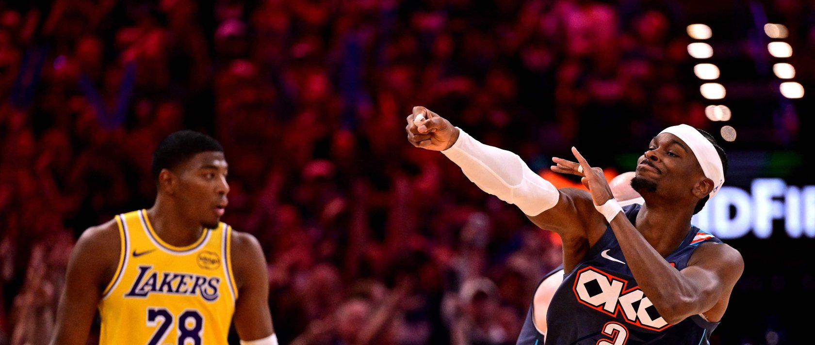 Oklahoma City Thunder's Shai Gilgeous-Alexander (R) reacts during the fourth quarter of a game against the Los Angeles Lakers in Game Two of the Second Round of the NBA Western Conference Playoffs at Paycom Center, Oklahoma City, U.S., May 7, 2026. (AFP Photo)