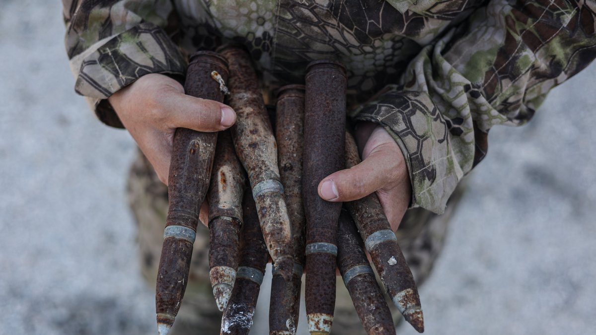 Bomb disposal teams affiliated with the Syrian army safely destroyed mines and unexploded ordnance laid by the terrorist organization YPG on main roads and agricultural lands around Raqqa, Syria, April 30, 2026. (AA Photo)