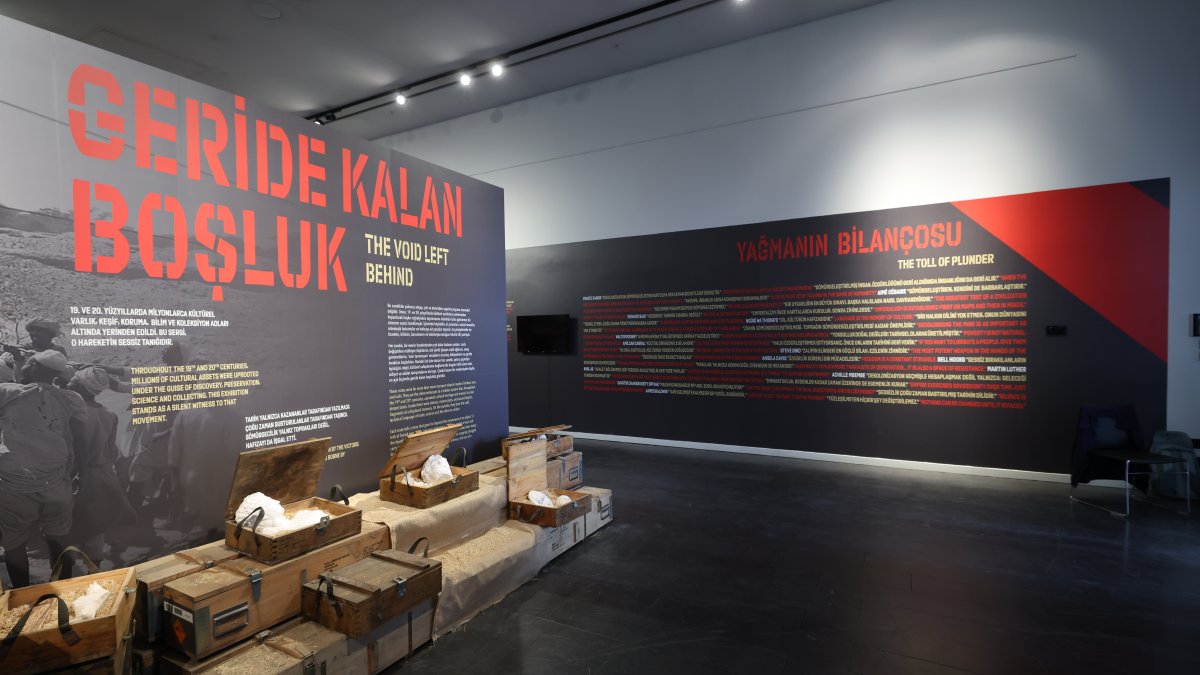 Installations from “The Burden of Humanity: Decolonization Today” exhibition are displayed at the Atatürk Cultural Center, Istanbul, Türkiye, May 9, 2026. (Courtesy of InstituteSocial)