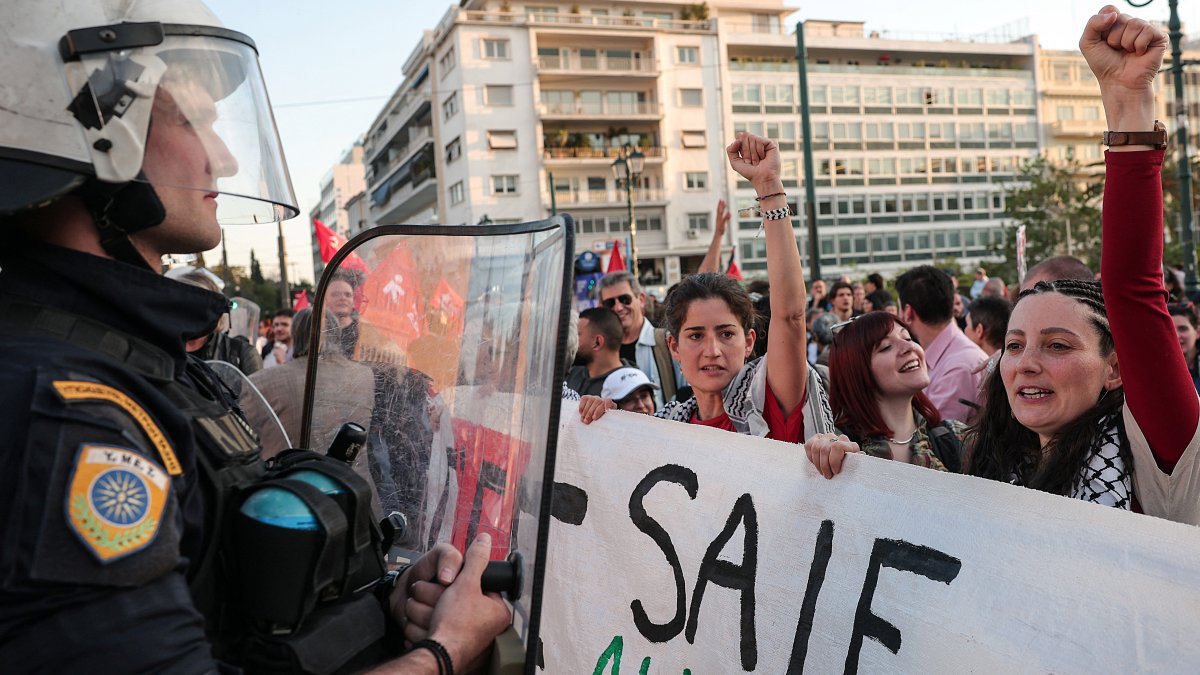 Protesters gather during a demonstration calling for the release of Saif Abu Keshek and Thiago Avila, who were detained aboard a Gaza-bound flotilla intercepted by Israeli forces in international waters near Greece, in Athens, Greece, May 5, 2026. (Reuters Photo)