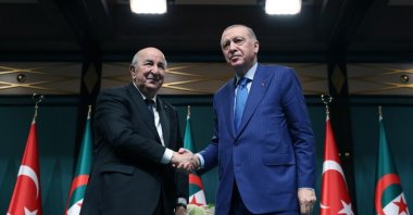 President Recep Tayyip Erdoğan and Algerian President Abdelmadjid Tebboune shake hands following talks, Ankara, Türkiye, May 7, 2026. (DHA)