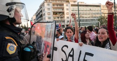 Protesters gather during a demonstration calling for the release of Saif Abu Keshek and Thiago Avila, who were detained aboard a Gaza-bound flotilla intercepted by Israeli forces in international waters near Greece, in Athens, Greece, May 5, 2026. (Reuters Photo)