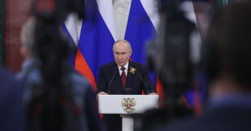 Russian President Vladimir Putin talks to the media following his meetings with foreign delegations at the Kremlin in Moscow, Russia, May 9, 2026. (AFP Photo)