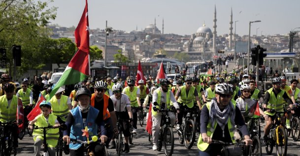 Participants ride bicycles from Sepetçiler Kasrı during an event organized by Yeşilay and the Palestine Support Platform in support of the Global Sumud Fleet, Istanbul, Türkiye, May 10, 2026. (AA Photo)