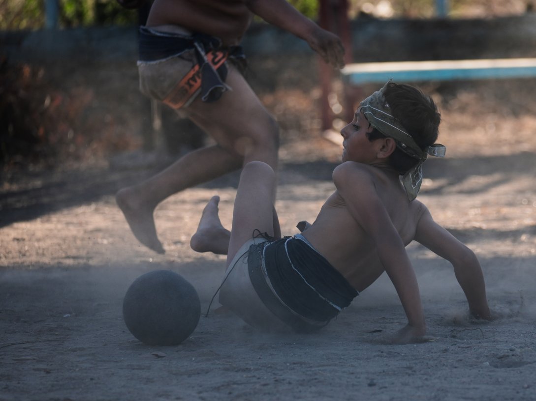 Iker Salgueido plays ulama, a traditional Mesoamerican ballgame dating to pre-Hispanic times, in Los Llanitos on the outskirts of Mazatlan, Mexico, April 25, 2026. (AP Photo)