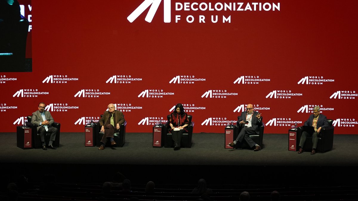 Speakers attend the "Knowledge Production and Circulation in Higher Education" session during the World Decolonization Forum at the Atatürk Cultural Center, May 11, 2026. (AA Photo)