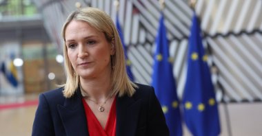 Irish Minister for Foreign Affairs, Trade and Minister for Defense Helen McEntee speaks to the media as she arrives for a meeting of the Foreign Affairs Council (FAC) in Brussels, Belgium, May 11, 2026. (EPA Photo)
