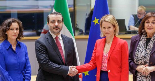 EU Commissioner for Equality Preparedness and Crisis Management Hadja Lahbib, Minister for Foreign Affairs and Expatriates of the Syrian transitional government, Asaad Hassan al-Shaibani, European High Representative of the Union for Foreign Affairs, Kaja Kallas and EU Commissioner for Mediterranean Dubravka Suica, at the first EU-Syria High-level Political Dialogue in Brussels, Belgium, May 11, 2026. (EPA Photo)