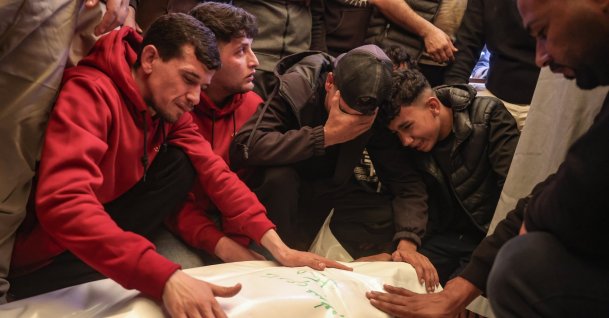 Palestinians mourn beside the bodies of their relatives killed following an Israeli strike targeting a vehicle in Khan Younis, Gaza Strip, Palestine, May 10, 2026. (EPA Photo)