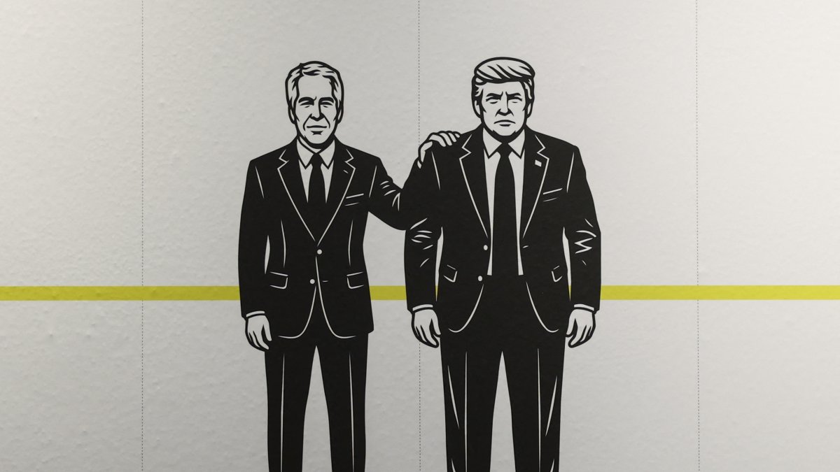 An illustration of Jeffrey Epstein and Donald Trump is displayed on a timeline of events at the “Donald J. Trump and Jeffrey Epstein Memorial Reading Room”, a tribute to the survivors and victims of Epstein's crimes, where 3.5 million pages, 3,437 bound volumes of the Epstein files are displayed in New York City, U.S., May 11, 2026. (AFP Photo)