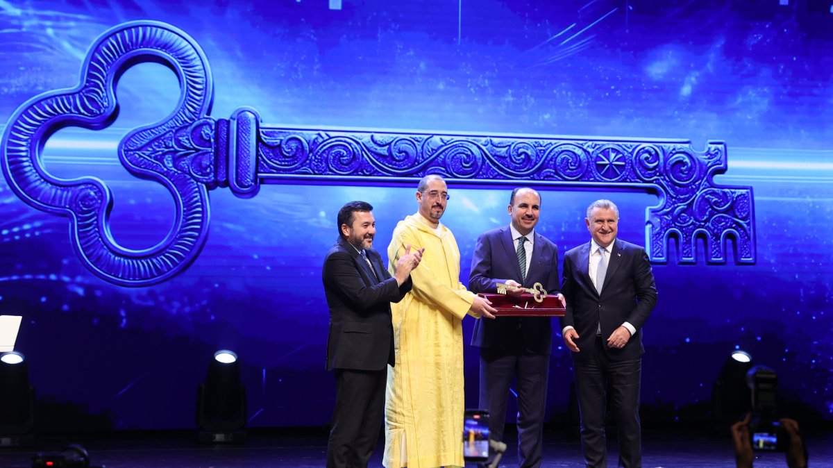 Officials take part in the symbolic handover ceremony of the OIC Youth Capital title from Morocco’s Marrakesh to Konya, Türkiye, May 11, 2026. (AA Photo) 