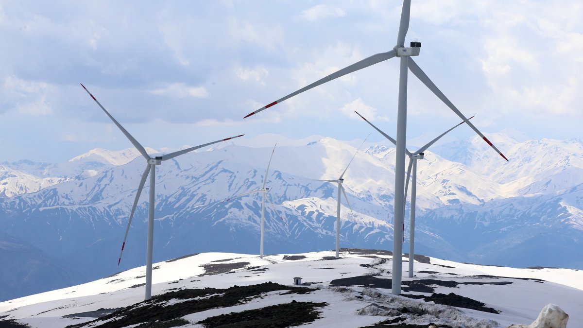 Wind turbines are seen on Kurtik Mountain, Muş province, eastern Türkiye, April 30, 2026. (AA Photo)