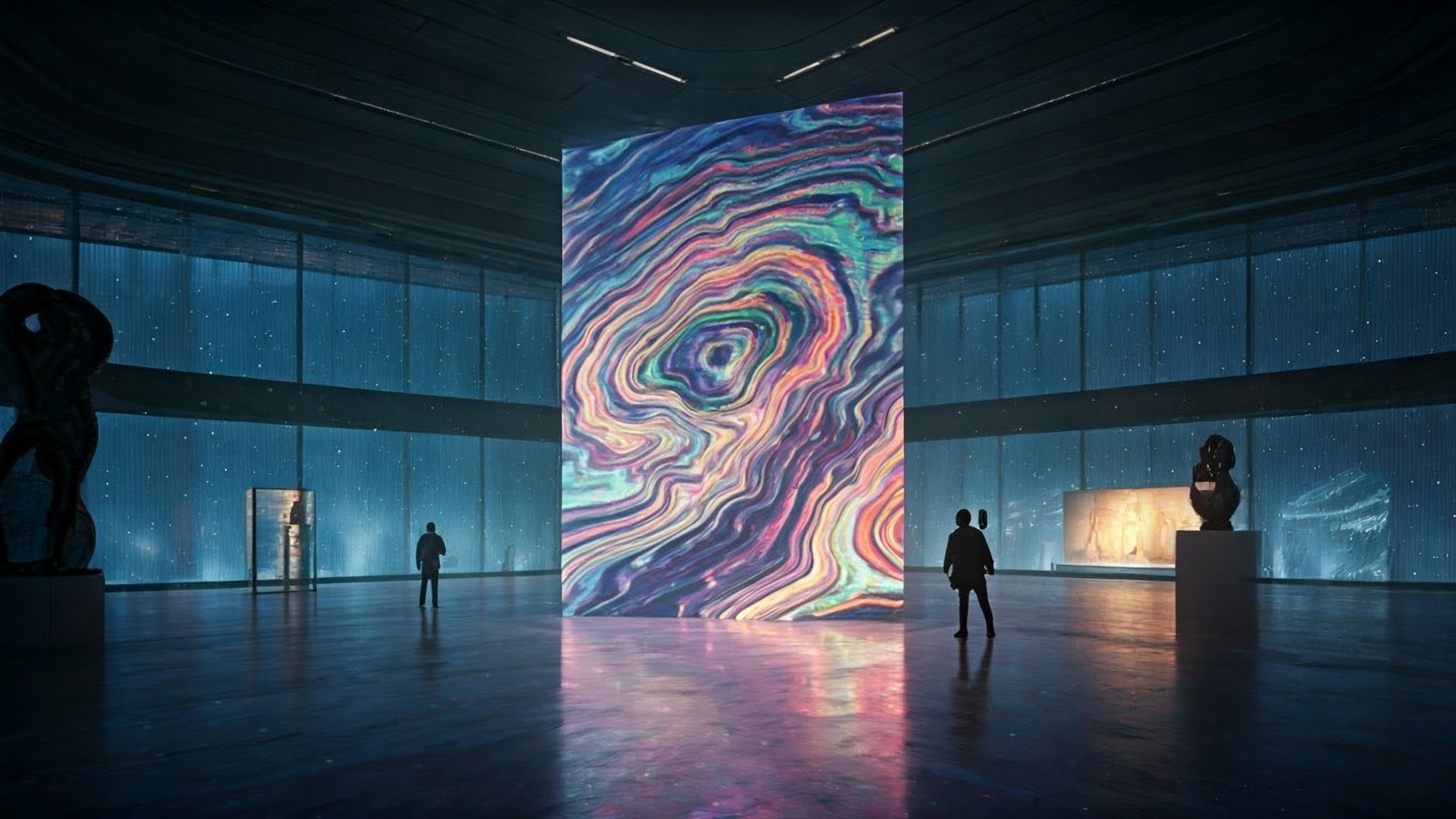 A large-scale 3D holographic digital installation displayed inside a futuristic, well-lit art gallery. (Shutterstock Photo)