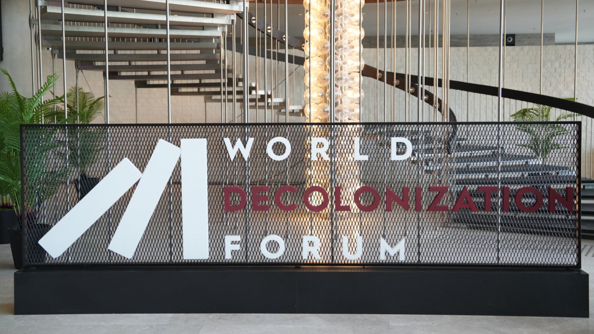 World Decolonization Forum Logo is seen at the entrance of the conference hall at Atatürk Cultural Center in Istanbul, May 12, 2026. (Handout Photo)