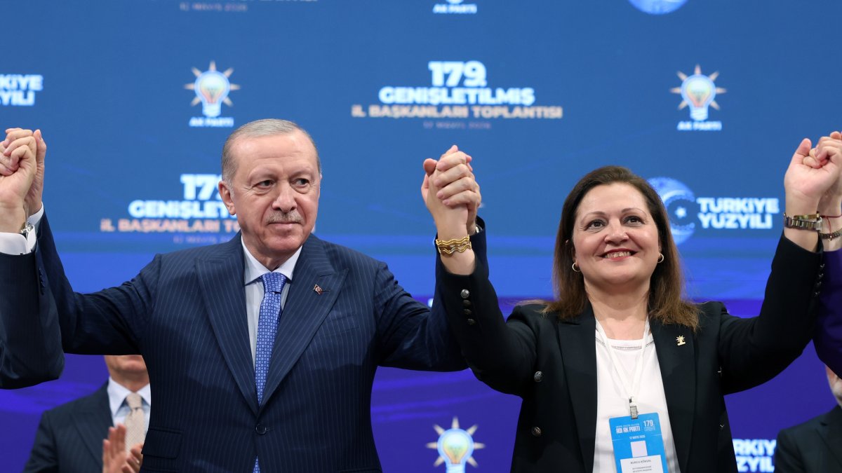 President and Justice and Development Party (AK Party) Chair Recep Tayyip Erdoğan poses with Afyonkarahisar Mayor Burcu Köksal after her joining the AK Party at a party congress in Ankara, Türkiye, May 12, 2026. (AA Photo)