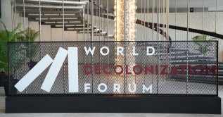 World Decolonization Forum Logo is seen at the entrance of the conference hall at Atatürk Cultural Center in Istanbul, May 12, 2026. (Handout Photo)