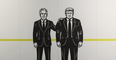 An illustration of Jeffrey Epstein and Donald Trump is displayed on a timeline of events at the “Donald J. Trump and Jeffrey Epstein Memorial Reading Room”, a tribute to the survivors and victims of Epstein's crimes, where 3.5 million pages, 3,437 bound volumes of the Epstein files are displayed in New York City, U.S., May 11, 2026. (AFP Photo)