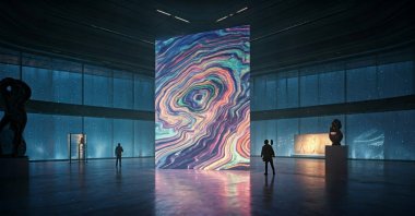 A large-scale 3D holographic digital installation displayed inside a futuristic, well-lit art gallery. (Shutterstock Photo)