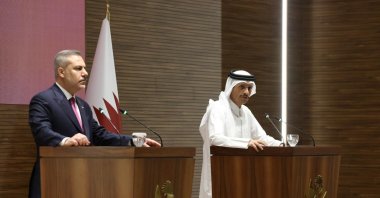 Foreign Minister Hakan Fidan (L) and Qatari Prime Minister and Minister of Foreign Affairs Sheikh Mohammed bin Abdulrahman bin Jassim bin Jaber Al Thani attend a joint news conference, Doha, Qatar, May 12, 2026. (AA Photo)