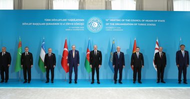 Leaders pose for a family photo during the 12th Summit of the Organization of Turkic States (OTS), Gabala, Azerbaijan, Oct. 7, 2025. (AA Photo)