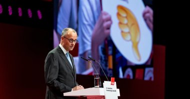 German Chancellor Friedrich Merz delivers a speech during the 23rd Ordinary Federal Congress of the German Trade Union Confederation (DGB), Berlin, Germany, May 12, 2026. (EPA Photo)