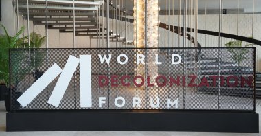 World Decolonization Forum Logo is seen at the entrance of the conference hall at Atatürk Cultural Center in Istanbul, May 12, 2026. (Handout Photo)