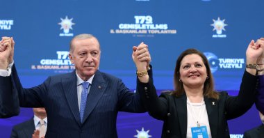 President and Justice and Development Party (AK Party) Chair Recep Tayyip Erdoğan poses with Afyonkarahisar Mayor Burcu Köksal after her joining the AK Party at a party congress in Ankara, Türkiye, May 12, 2026. (AA Photo)