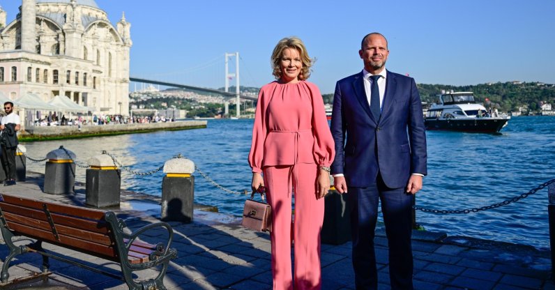 Belgium's Queen Mathilde and Belgian Defense Minister Theo Francken pose for a photo in the famous Ortaköy neighborhood, Istanbul, Türkiye, May 10, 2026. (AA Photo)