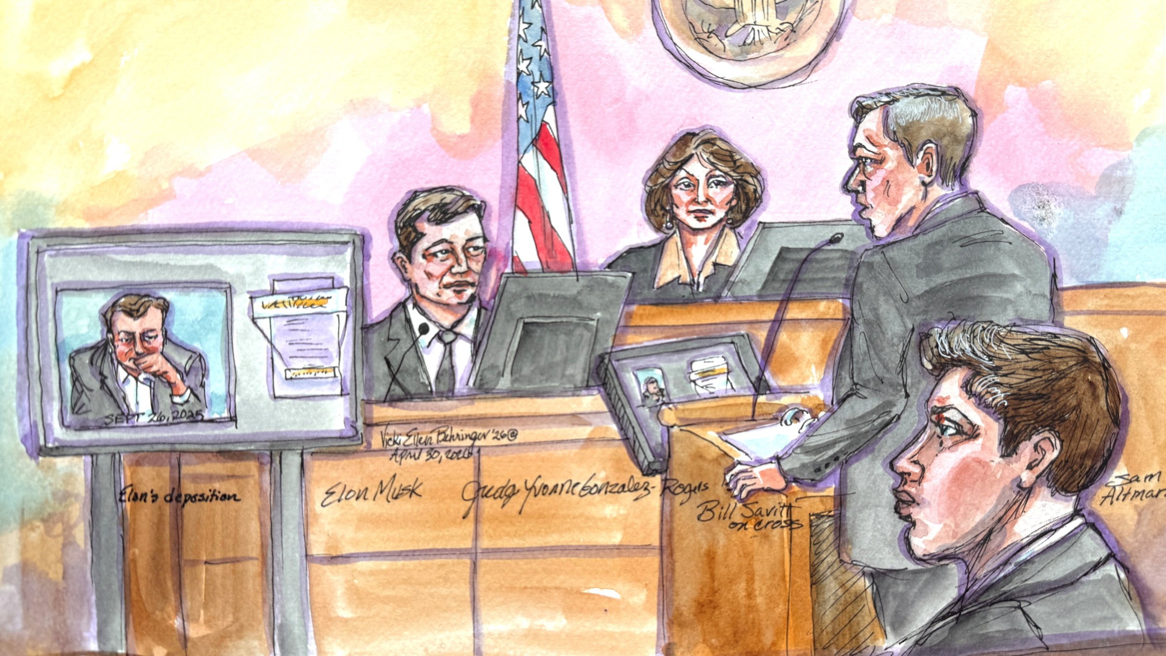 In a courtroom sketch, OpenAI attorney William Savitt cross-examines Elon Musk as his deposition is played on a screen, during Musk's lawsuit trial over OpenAI's for-profit conversion, with Sam Altman, CEO of OpenAI, sitting in the foreground, at a federal courthouse, Oakland, California, U.S., April 30, 2026. (Reuters Photo)