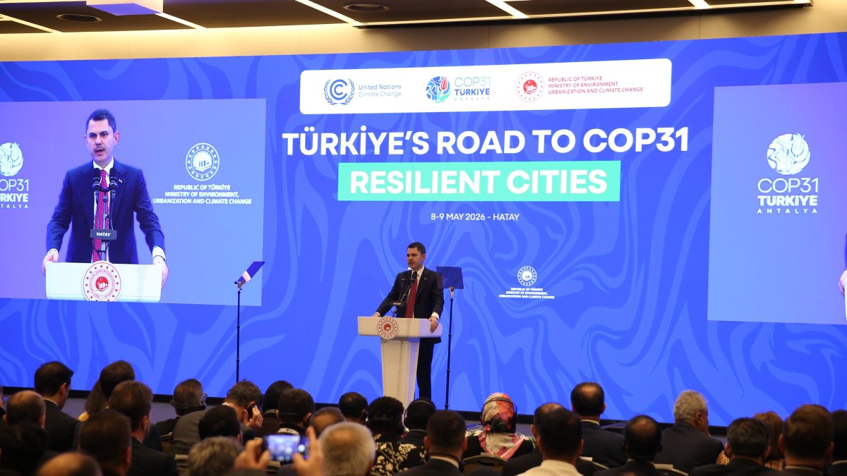 Environment, Urbanization and Climate Change Minister Murat Kurum speaks during the “Türkiye’s Road to COP31: Resilient Cities” program, Hatay, Türkiye, May 8, 2026. (AA Photo)