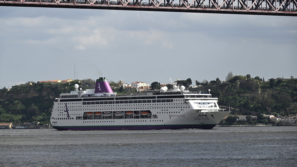 The MS Ambition cruise ship sails the Tagus River in Lisbon, Portugal, March 26, 2025. (Getty Images Photo)