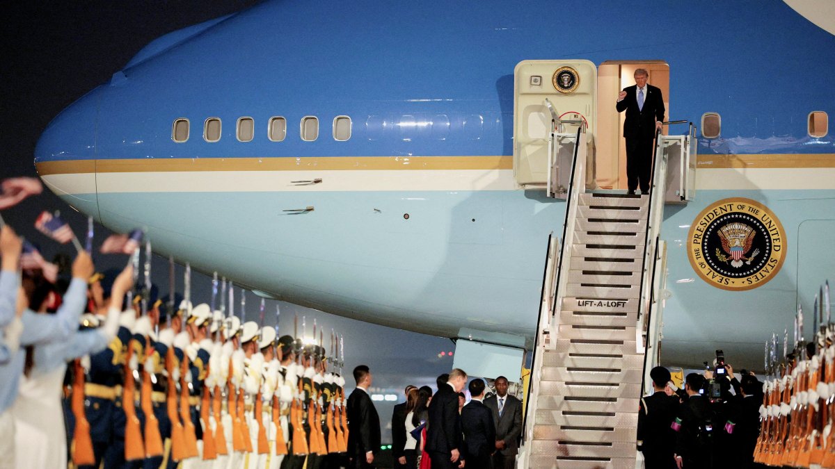U.S. President Donald Trump arrives aboard Air Force One at Beijing Capital International Airport, in Beijing, China, May 13, 2026. (Reuters Photo)
