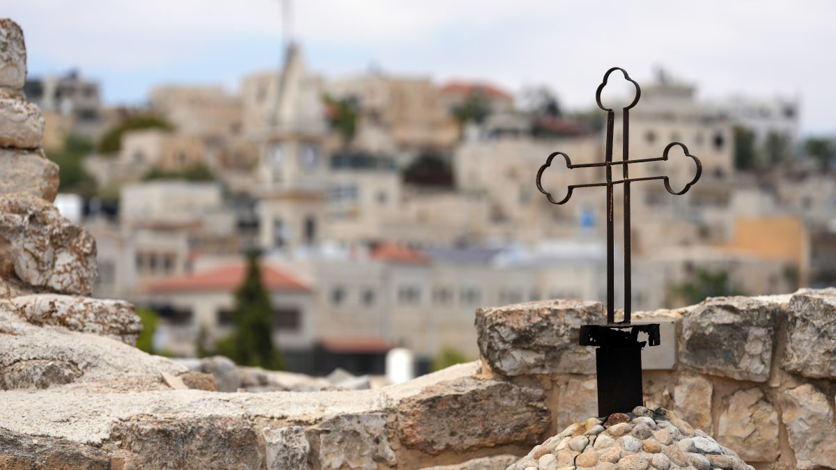  A cross has been erected in the ruins of the church of St. George in the village of Taybeh, occupied West Bank, Palestine, Aug. 1, 2025.