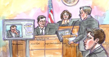 In a courtroom sketch, OpenAI attorney William Savitt cross-examines Elon Musk as his deposition is played on a screen, during Musk's lawsuit trial over OpenAI's for-profit conversion, with Sam Altman, CEO of OpenAI, sitting in the foreground, at a federal courthouse, Oakland, California, U.S., April 30, 2026. (Reuters Photo)