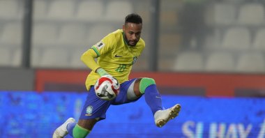 Brazil's Neymar controls the ball during a qualifying match for the FIFA World Cup 2026 against Peru at National stadium, Lima, Peru, Sept. 12, 2023. (AP Photo)