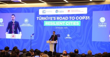 Environment, Urbanization and Climate Change Minister Murat Kurum speaks during the “Türkiye’s Road to COP31: Resilient Cities” program, Hatay, Türkiye, May 8, 2026. (AA Photo)