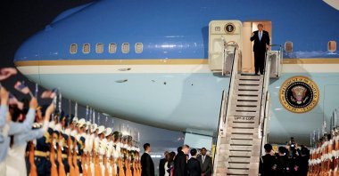 U.S. President Donald Trump arrives aboard Air Force One at Beijing Capital International Airport, in Beijing, China, May 13, 2026. (Reuters Photo)