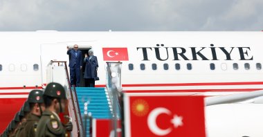 President Recep Tayyip Erdoğan and first lady Emine Erdoğan depart for Kazakhstan from Esenboğa Airport, Ankara, Türkiye, May 13, 2026. (AA Photo)