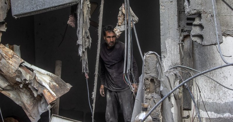 A Palestinian man inspects the ruins of their destroyed homes after an Israeli airstrike in the al-Shati refugee camp, Gaza Strip, Palestine, May 9, 2026. (EPA Photo)