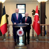 This handout photograph taken and released by the Defense Ministry shows Defense Minister Yaşar Güler (R) and Belgium's Defense and Foreign Trade Minister Theo Francken posing ahead of their meeting, Ankara, Türkiye, May 13, 2026. (AFP Photo)
